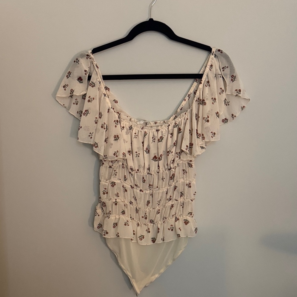 Free People Cream Floral Ruffle Bodysuit